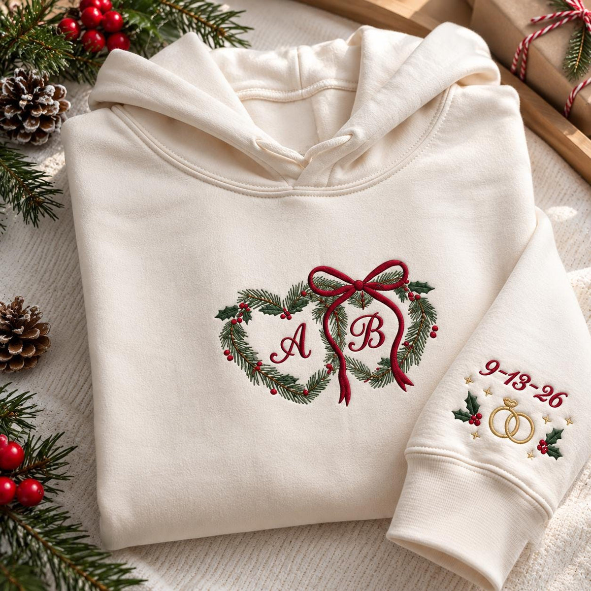 Custom Initial Interlocking Hearts Christmas Sweatshirt, Couple Bow Embroidered Crewneck