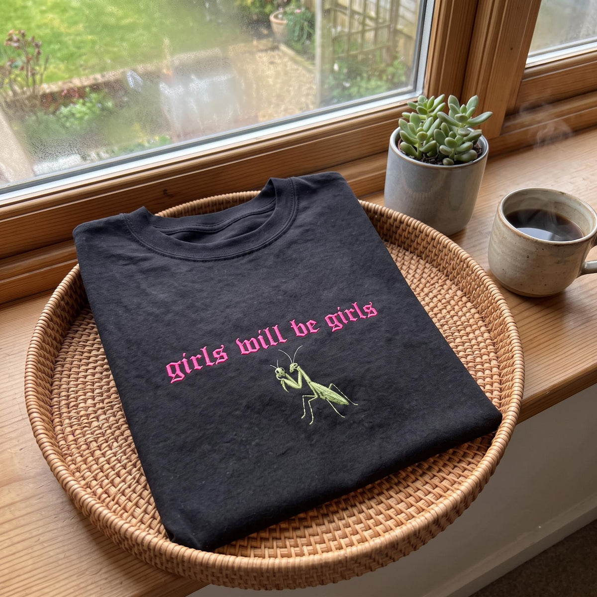 Custom Embroidered Praying Mantis Shirt, Cute Girls Will Be Girls Shirt, Funny Feminist Insect T-Shirt Gift For Bestie Friend Him Her