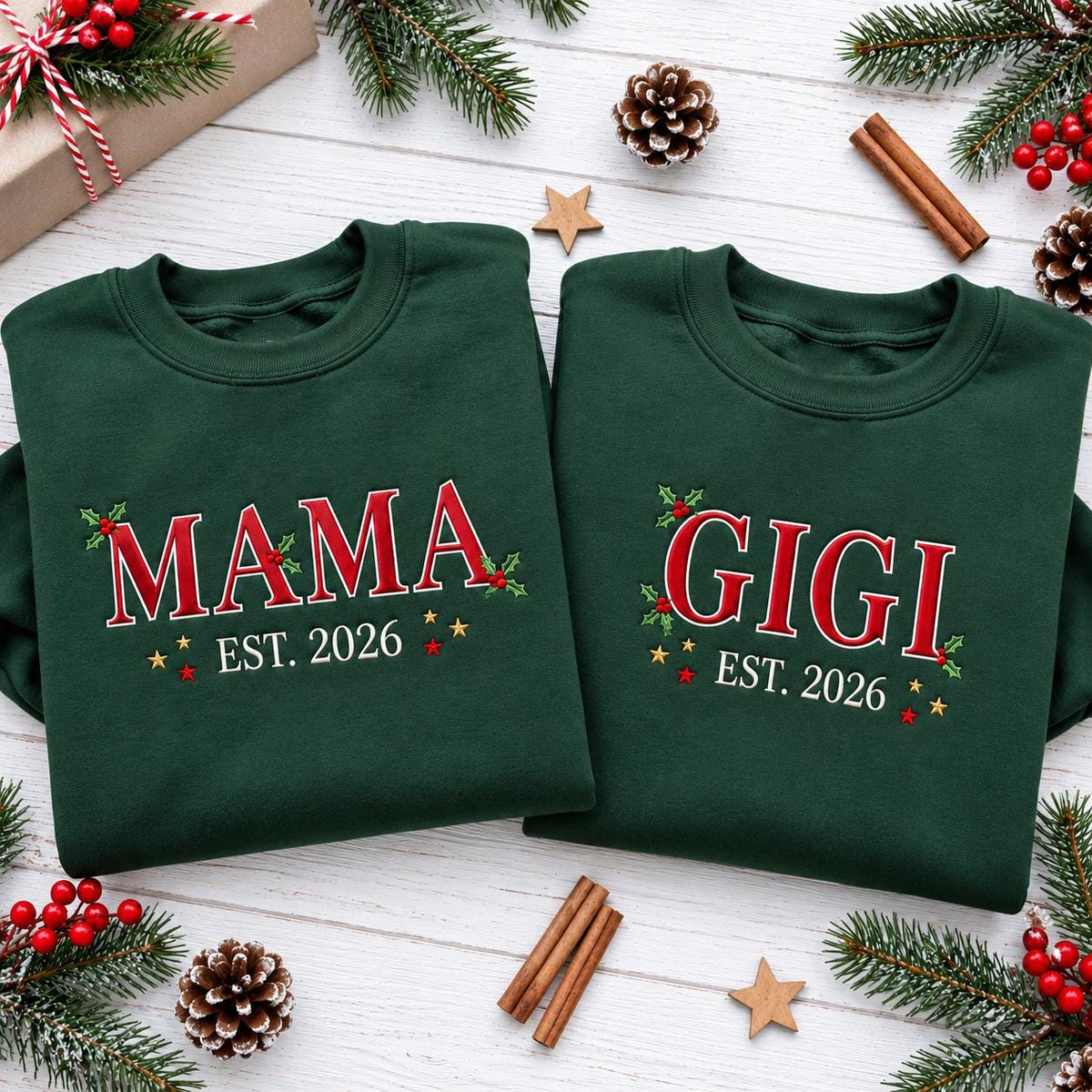 Personalized Family Name Est 2026 Christmas Sweatshirt, Holiday Embroidered Crewneck