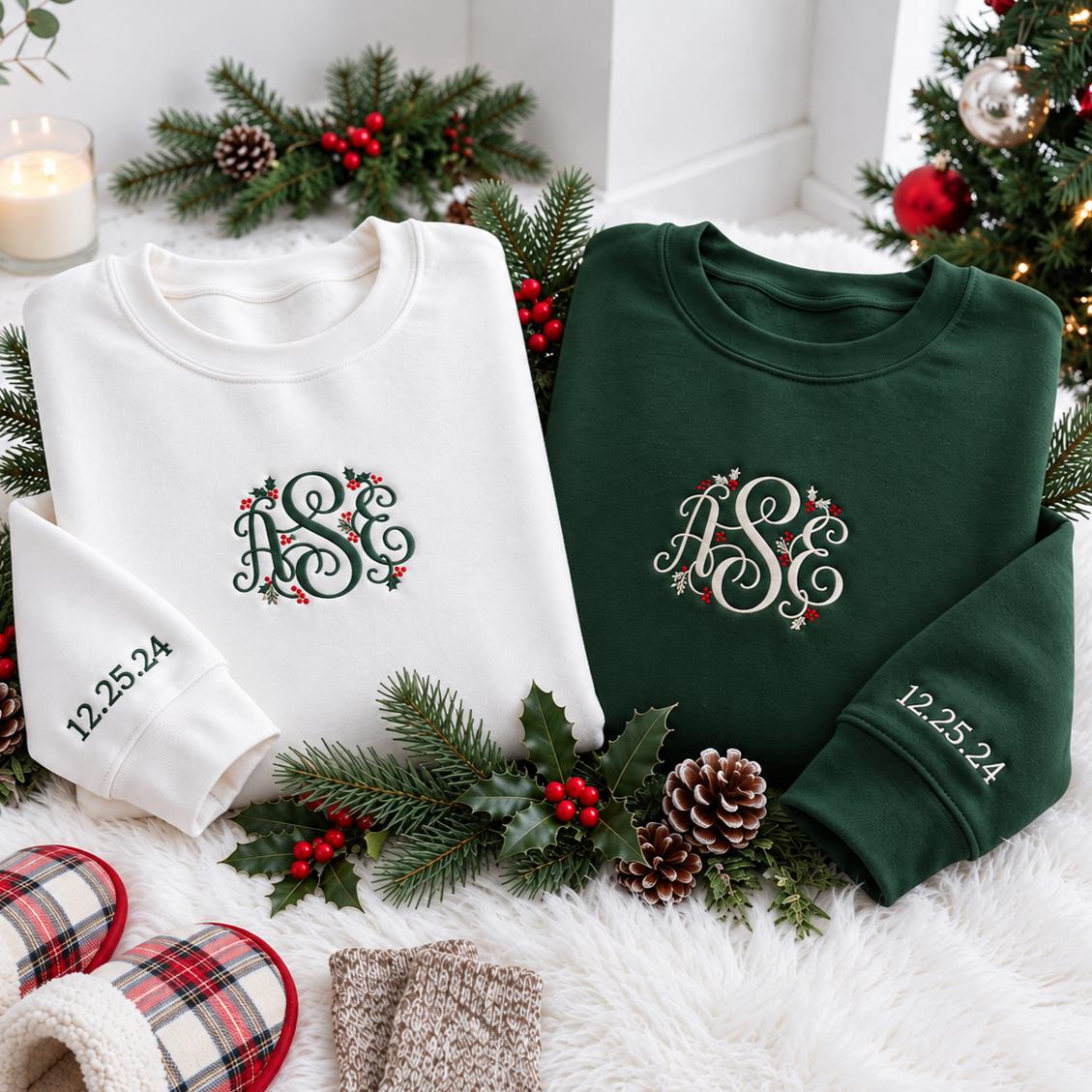 Personalized Monogram Letter Christmas Sweatshirt, Custom Date Merry Winter Crewneck