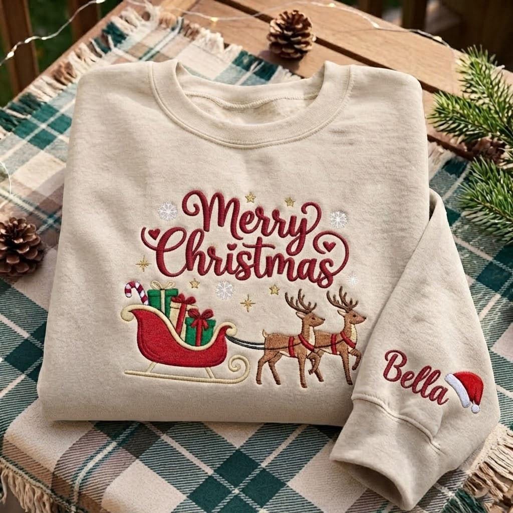 Embroidered Cute Reindeer Sleigh Sweatshirt, Personalized Merry Christmas Crewneck