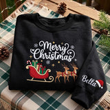 Embroidered Cute Reindeer Sleigh Sweatshirt, Personalized Merry Christmas Crewneck