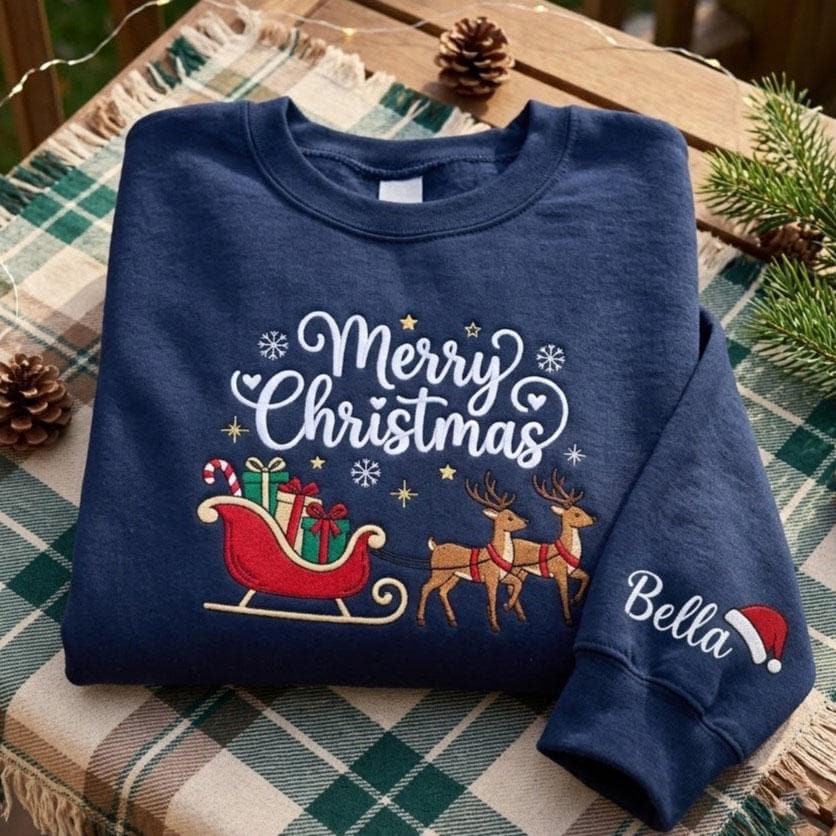 Embroidered Cute Reindeer Sleigh Sweatshirt, Personalized Merry Christmas Crewneck