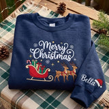 Embroidered Cute Reindeer Sleigh Sweatshirt, Personalized Merry Christmas Crewneck