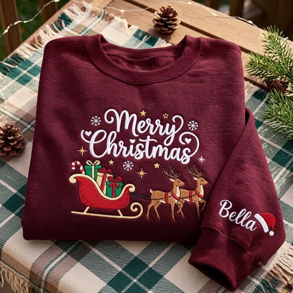 Embroidered Cute Reindeer Sleigh Sweatshirt, Personalized Merry Christmas Crewneck