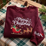 Embroidered Cute Reindeer Sleigh Sweatshirt, Personalized Merry Christmas Crewneck