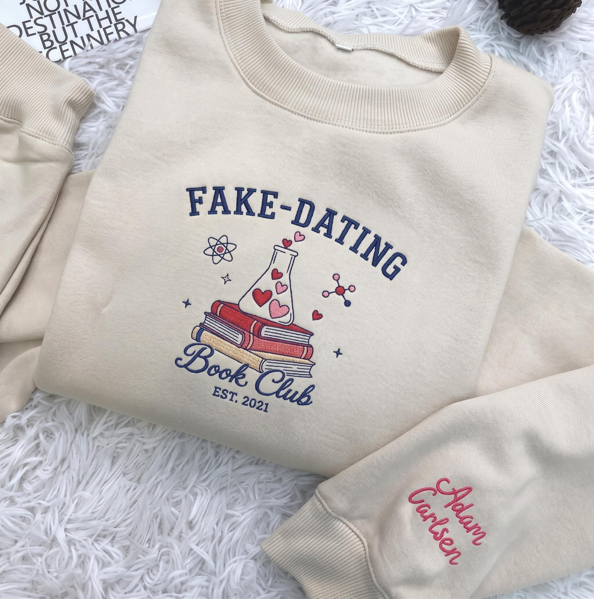 Custom Embroidered Fake Dating Book Club Sweatshirt, Cute Chemistry Bookish Custom Name Sleeve Crewneck, Romance Reader Gift For Women