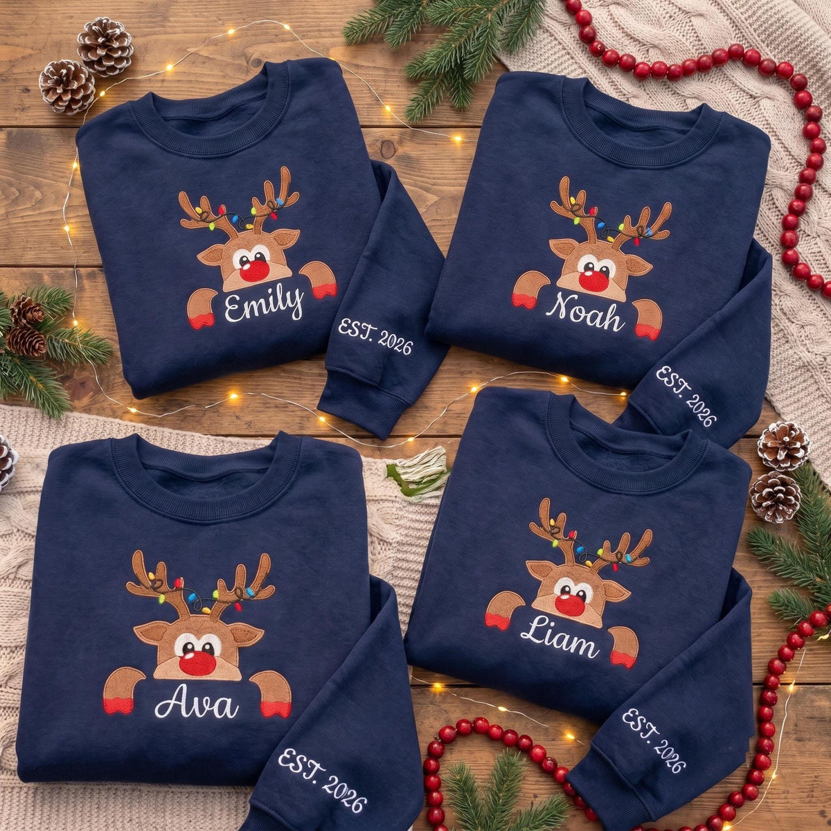 Custom Reindeer Christmas Sweatshirt, Personalized Sleeve Year Holiday Crewneck, Cute Xmas Animal Jumper, Winter Season Gift