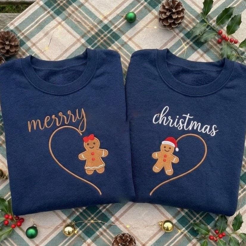 Embroidered Couple Gingerbread Christmas Sweatshirt, Matching Holiday Heart Crewneck