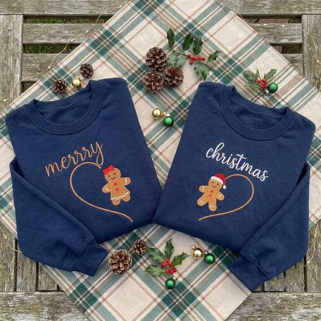 Embroidered Couple Gingerbread Christmas Sweatshirt, Matching Holiday Heart Crewneck
