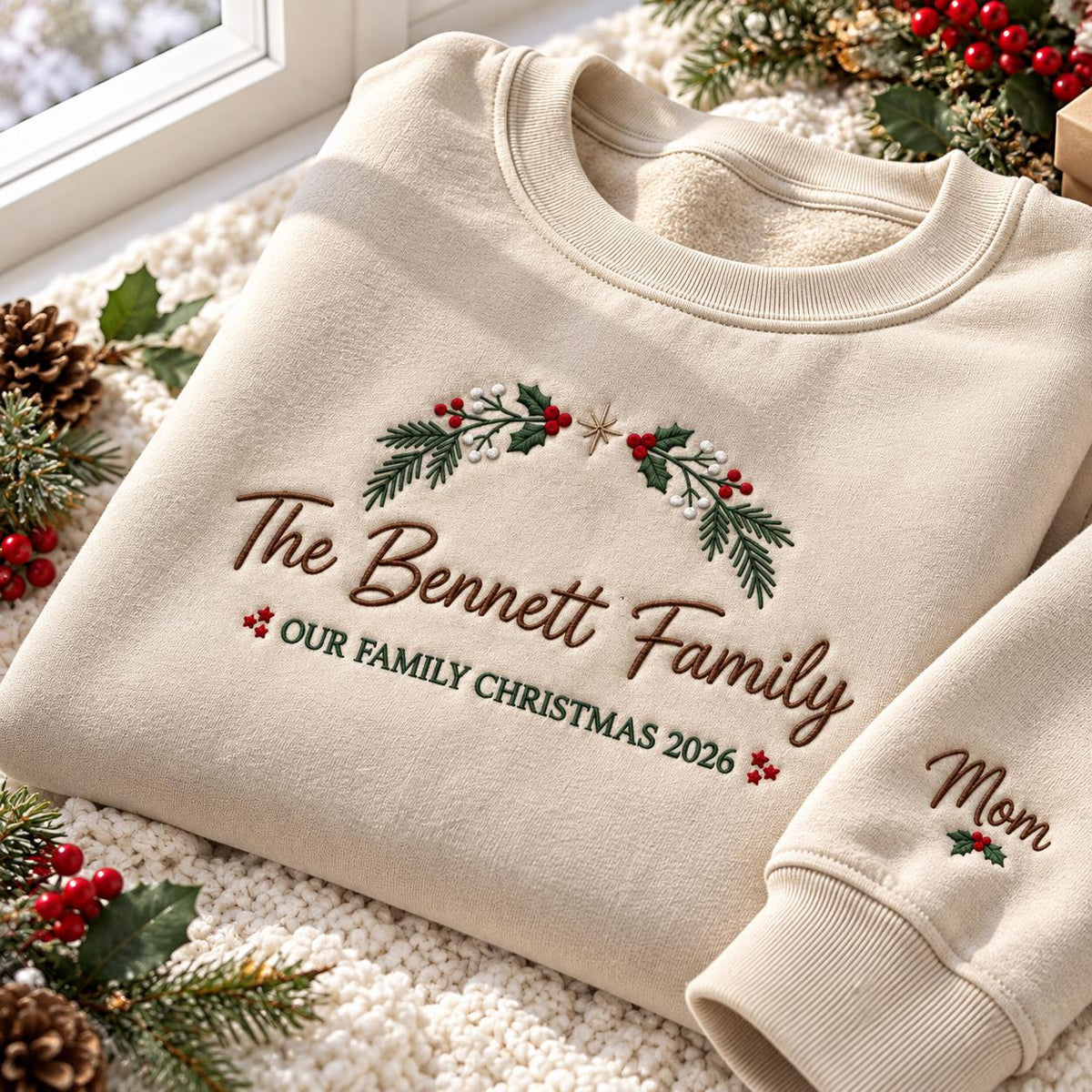 Personalized Name Family Christmas Sweatshirt, Matching Holiday Embroidered Crewneck
