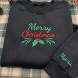 Embroidered Merry Christmas Berry Sweatshirt, Custom Sleeve Name Holiday Crewneck Gift