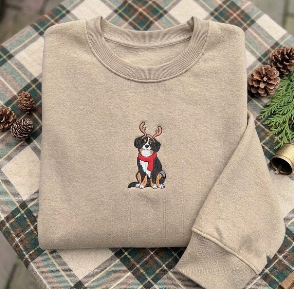 Custom Embroidered Christmas Dog Sweatshirt, Personalized Holiday Puppy Crewneck Gift
