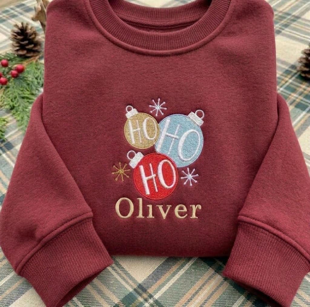 Embroidered Ho Ho Ho Christmas Sweatshirt, Custom Personalized Name Holiday Crewneck Gift