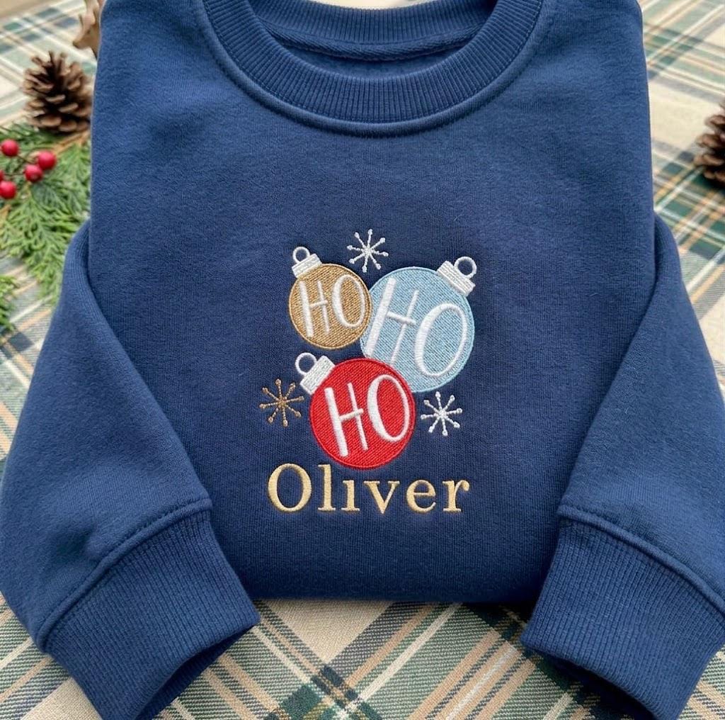 Embroidered Ho Ho Ho Christmas Sweatshirt, Custom Personalized Name Holiday Crewneck Gift