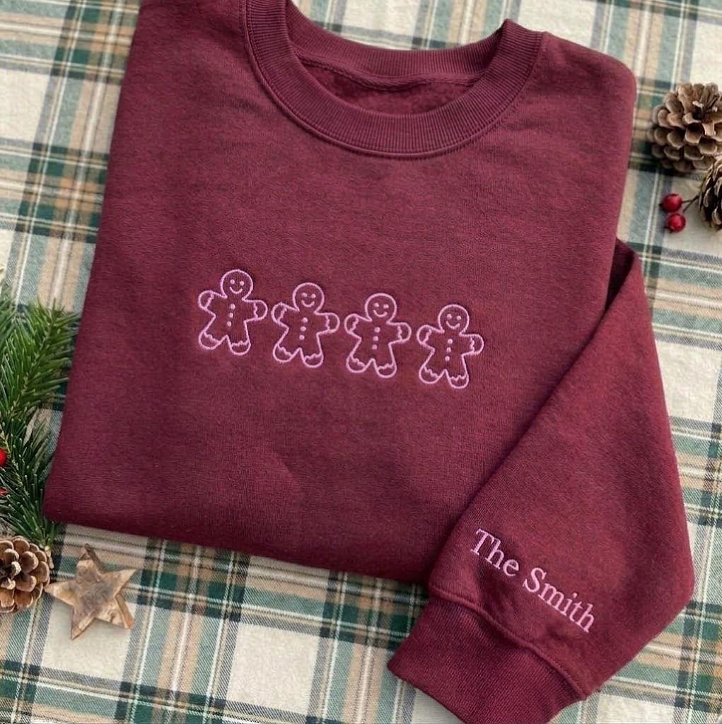 Custom Gingerbread Family Cookie Sweatshirt, Personalized Crewneck with Sleeve Embroidery