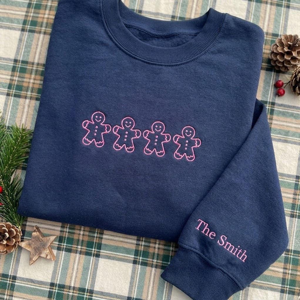 Custom Gingerbread Family Cookie Sweatshirt, Personalized Crewneck with Sleeve Embroidery