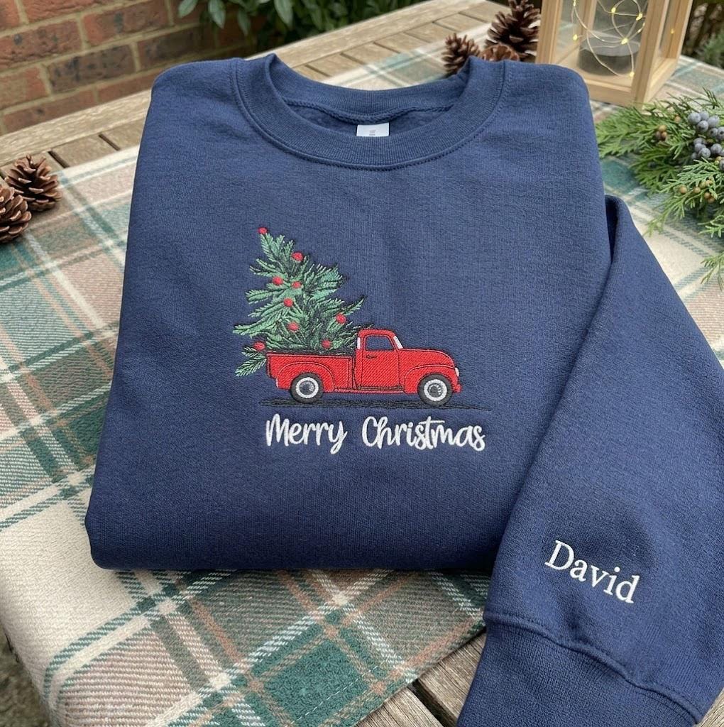 Personalized Red Truck Christmas Sweatshirt, Custom Name on Sleeve Holiday Crewneck