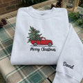Personalized Red Truck Christmas Sweatshirt, Custom Name on Sleeve Holiday Crewneck