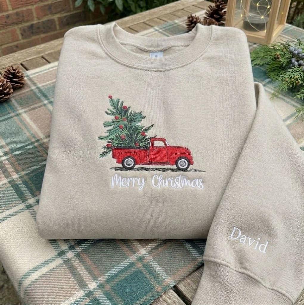 Personalized Red Truck Christmas Sweatshirt, Custom Name on Sleeve Holiday Crewneck
