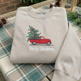 Personalized Red Truck Christmas Sweatshirt, Custom Name on Sleeve Holiday Crewneck