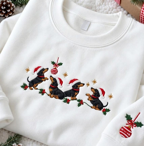 Dachshund Christmas Ornament Embroidered Sweatshirt, Cute Wiener Dog Santa Hat Crewneck