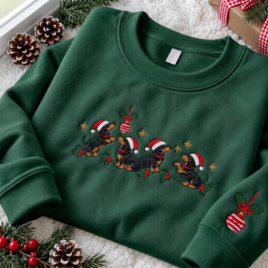 Dachshund Christmas Ornament Embroidered Sweatshirt, Cute Wiener Dog Santa Hat Crewneck