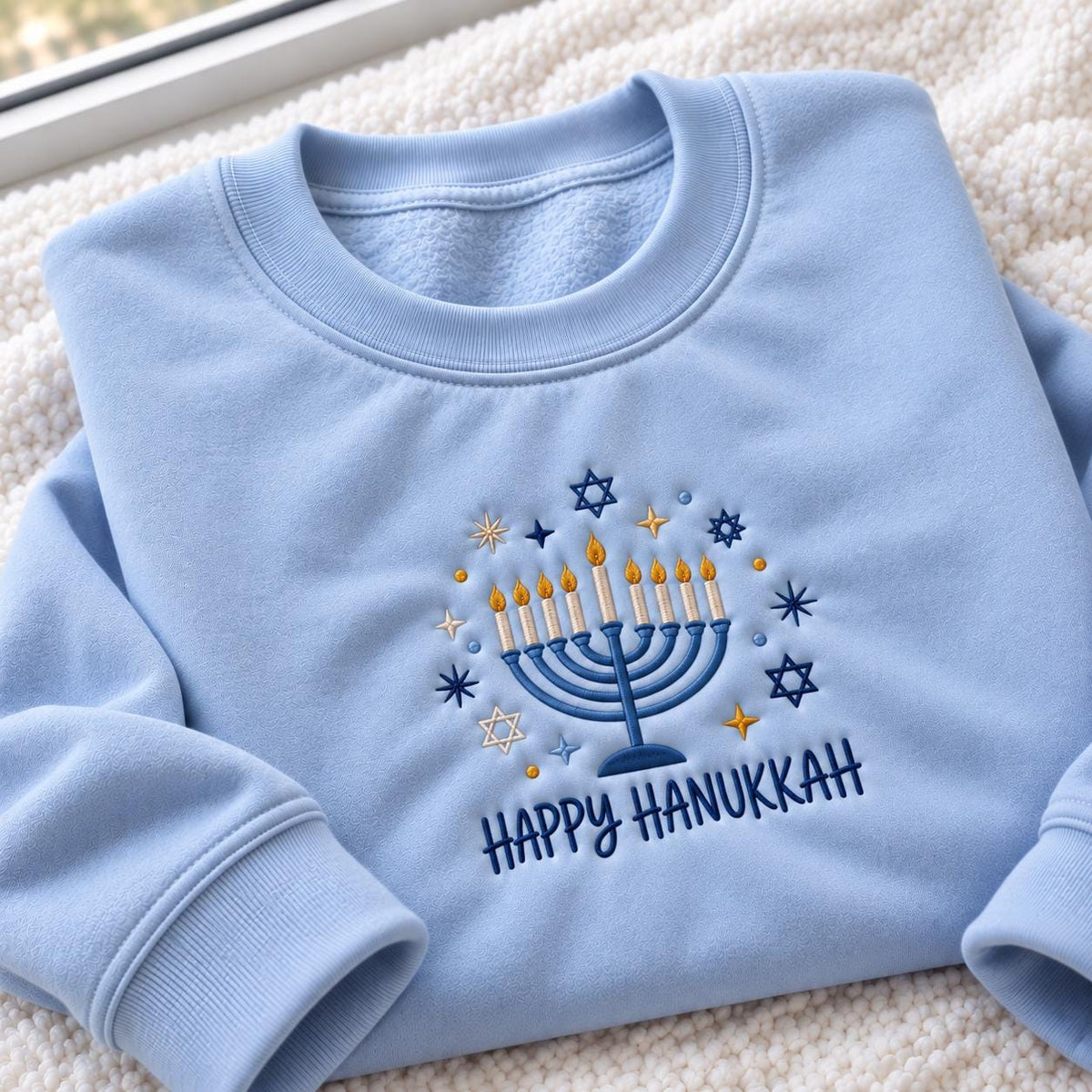 Happy Hanukkah Menorah Embroidered Sweatshirt, Jewish Star Of David Holiday Crewneck