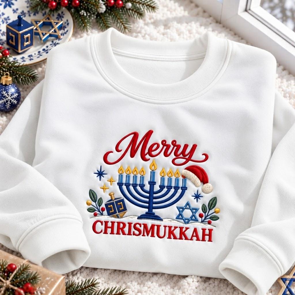 Merry Chrismukkah Embroidered Sweatshirt, Jewish Menorah Santa Hat Holiday Crewneck