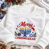 Merry Chrismukkah Embroidered Sweatshirt, Jewish Menorah Santa Hat Holiday Crewneck