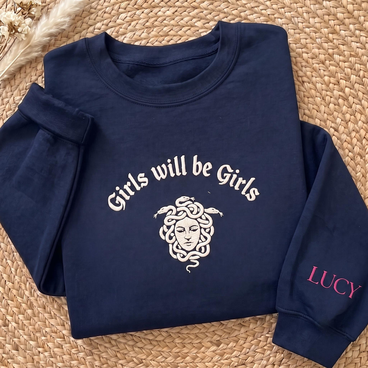 Embroidered Girls Will Be Girls Medusa Sweatshirt, Custom Name Sleeve Funny Feminist Jumper, Sarcastic Mythical Shirt