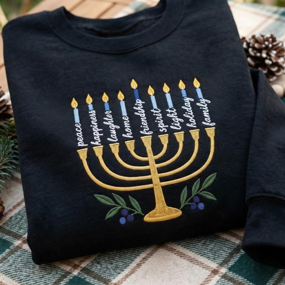 Embroidered Menorah Words Hanukkah Sweatshirt, Custom Jewish Festival of Lights Gift