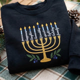 Embroidered Menorah Words Hanukkah Sweatshirt, Custom Jewish Festival of Lights Gift