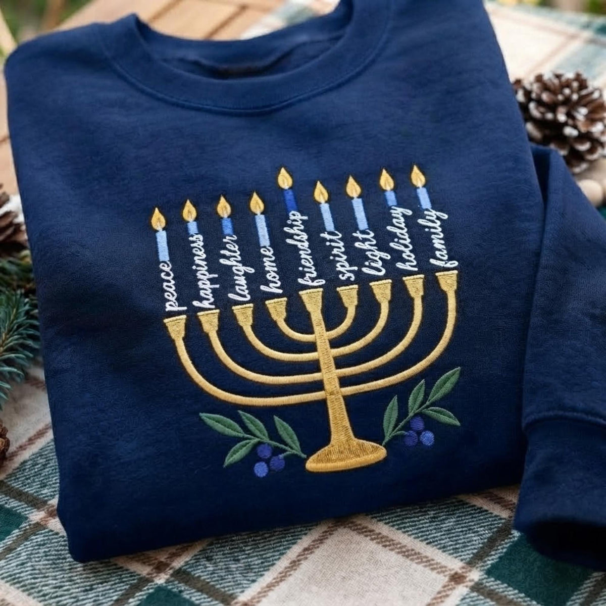 Embroidered Menorah Words Hanukkah Sweatshirt, Custom Jewish Festival of Lights Gift