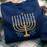 Embroidered Menorah Words Hanukkah Sweatshirt, Custom Jewish Festival of Lights Gift