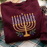 Embroidered Menorah Words Hanukkah Sweatshirt, Custom Jewish Festival of Lights Gift
