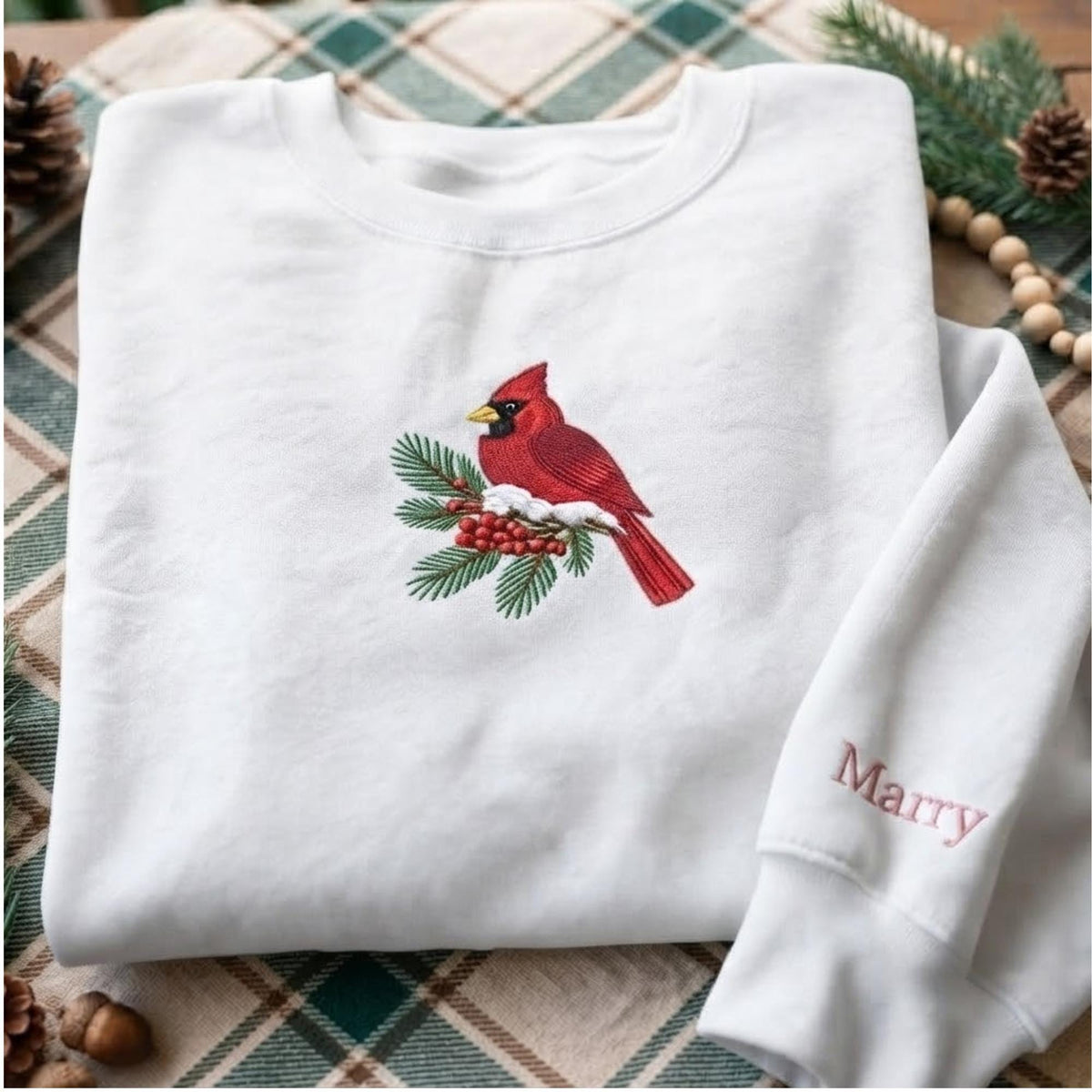 Custom Embroidered Red Cardinal Bird Sweatshirt, Personalized Snowy Pine Holiday Gift