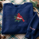 Custom Embroidered Red Cardinal Bird Sweatshirt, Personalized Snowy Pine Holiday Gift