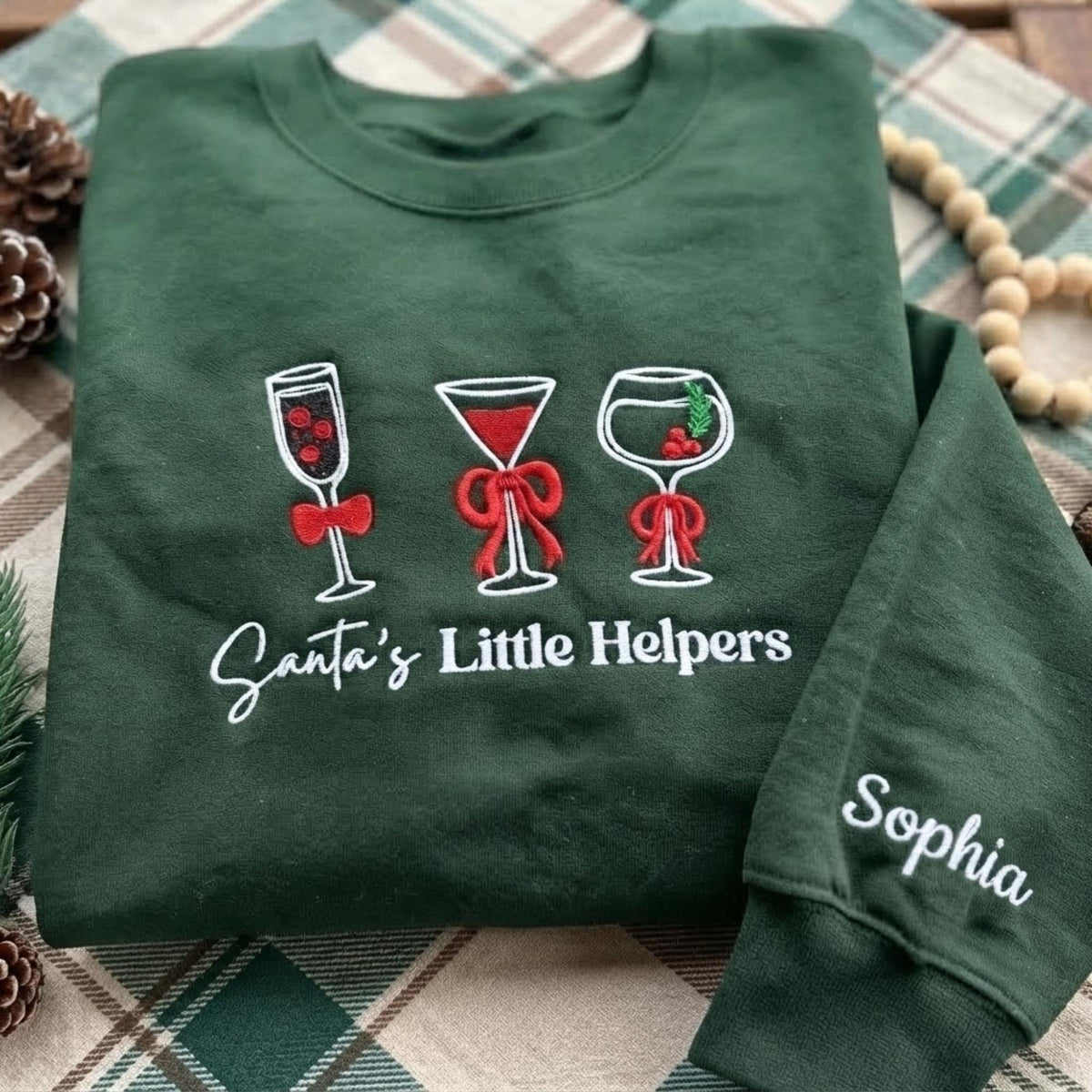 Personalized Embroidered Wine Glass Christmas Sweatshirt, Santa's Little Helpers Holiday Gift