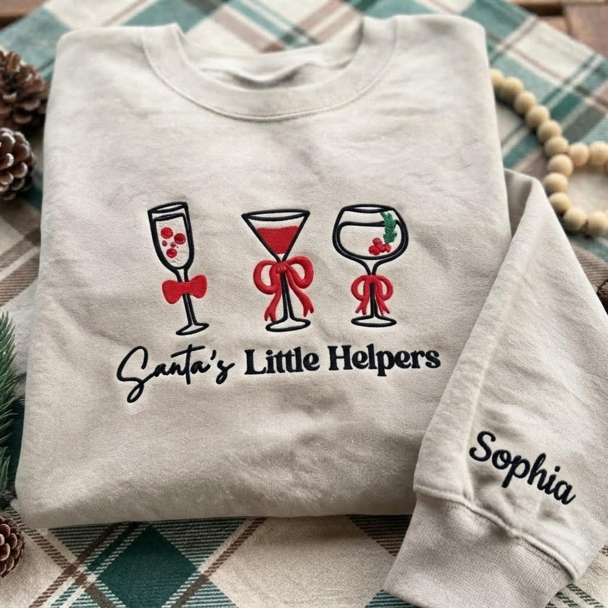 Personalized Embroidered Wine Glass Christmas Sweatshirt, Santa's Little Helpers Holiday Gift