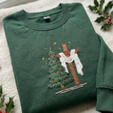 Christmas Tree And Cross Embroidered Sweatshirt, Christian Jesus Faith Holiday Crewneck