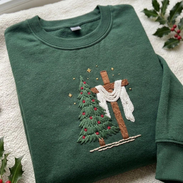 Christmas Tree And Cross Embroidered Sweatshirt, Christian Jesus Faith Holiday Crewneck