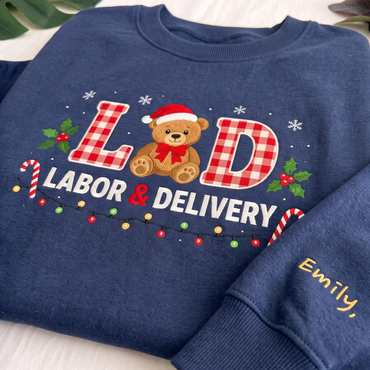 Labor and Delivery Nurse Embroidered Christmas Sweatshirt L&D Teddy Bear Personalized Name Gift, Christmas Gift For New Nurse, RN Nurse Gift