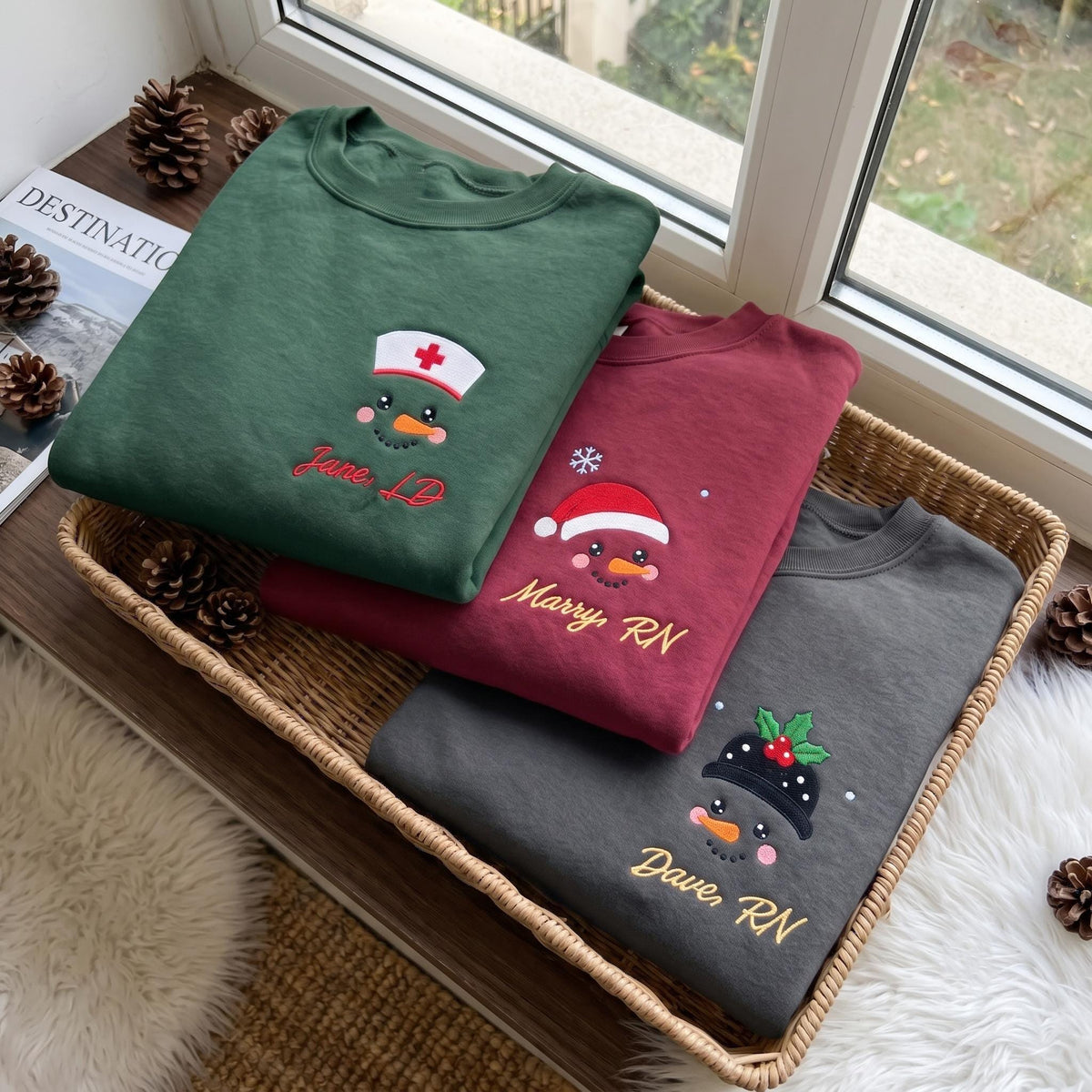 Nurse Snowman Embroidered Christmas Sweatshirt Personalized Name RN LD Holiday Crewneck Gift, Christmas Gift For New Nurse, RN Nurse Gift