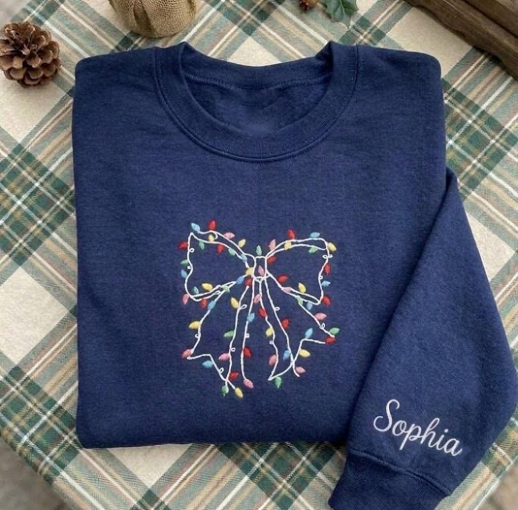 Embroidered Christmas Lights Bow Sweatshirt, Custom Holiday Coquette Crewneck