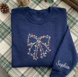 Embroidered Christmas Lights Bow Sweatshirt, Custom Holiday Coquette Crewneck