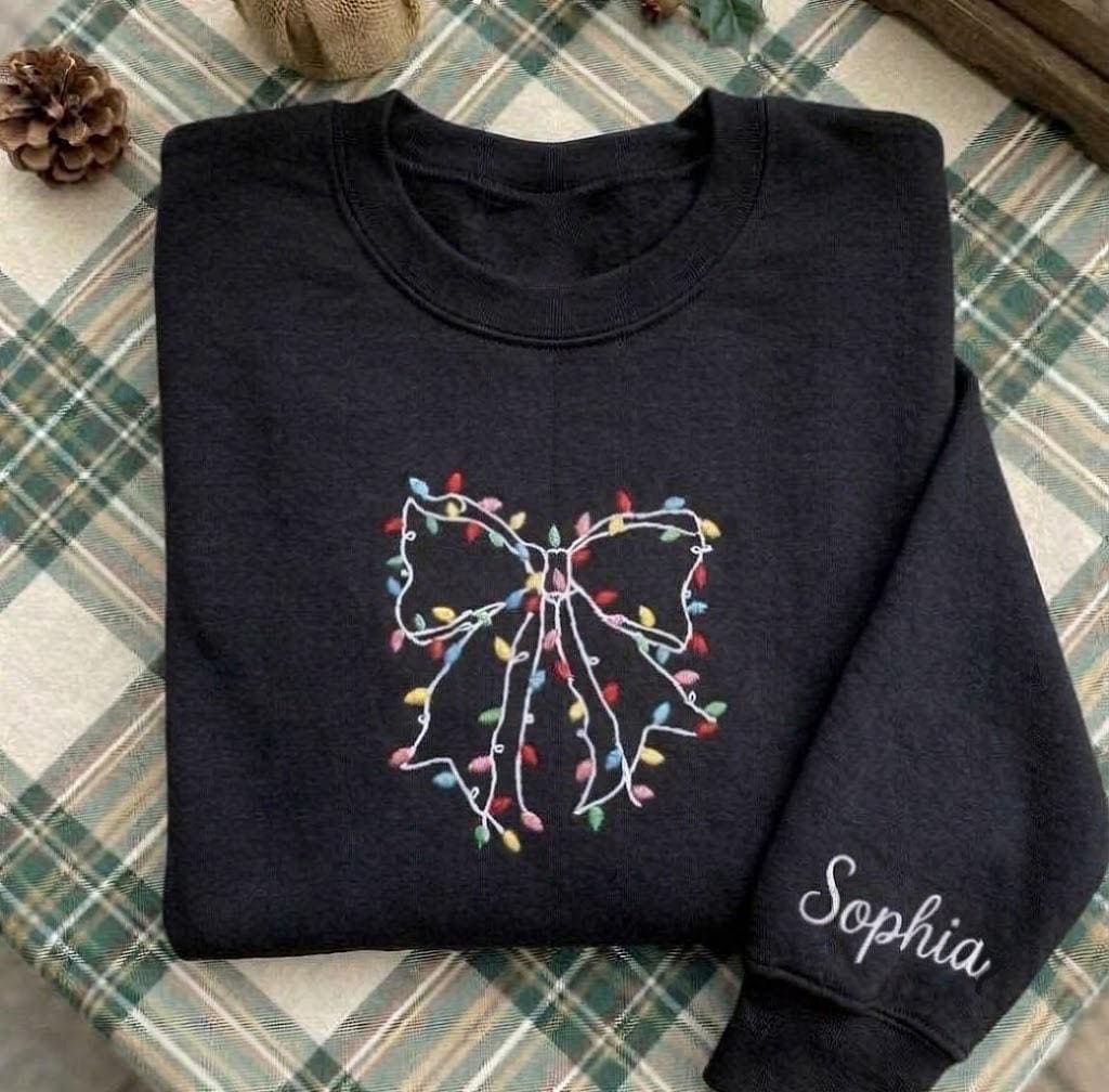Embroidered Christmas Lights Bow Sweatshirt, Custom Holiday Coquette Crewneck