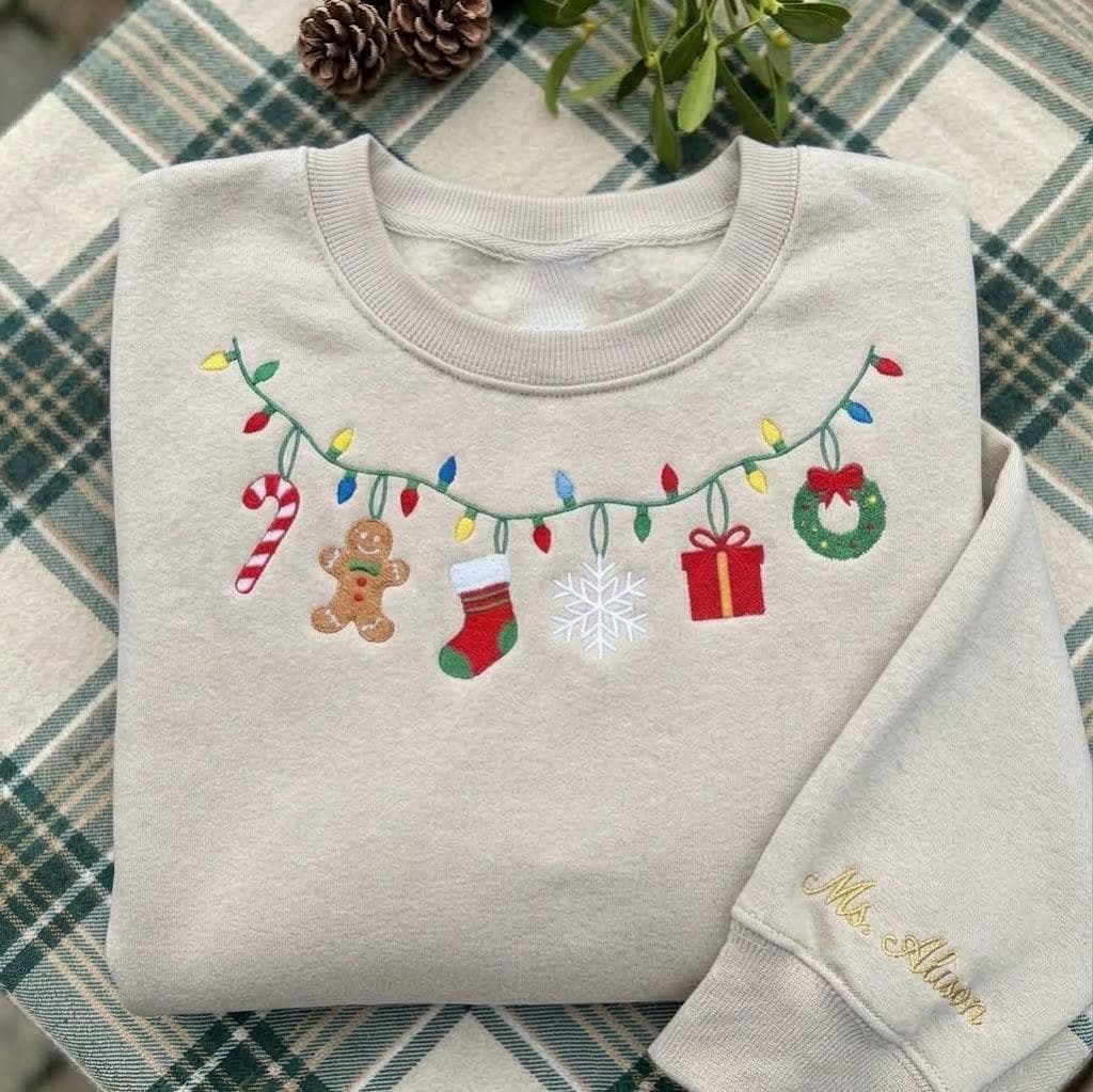 Embroidered Christmas Lights Garland Sweatshirt, Custom Holiday Ornaments Crewneck