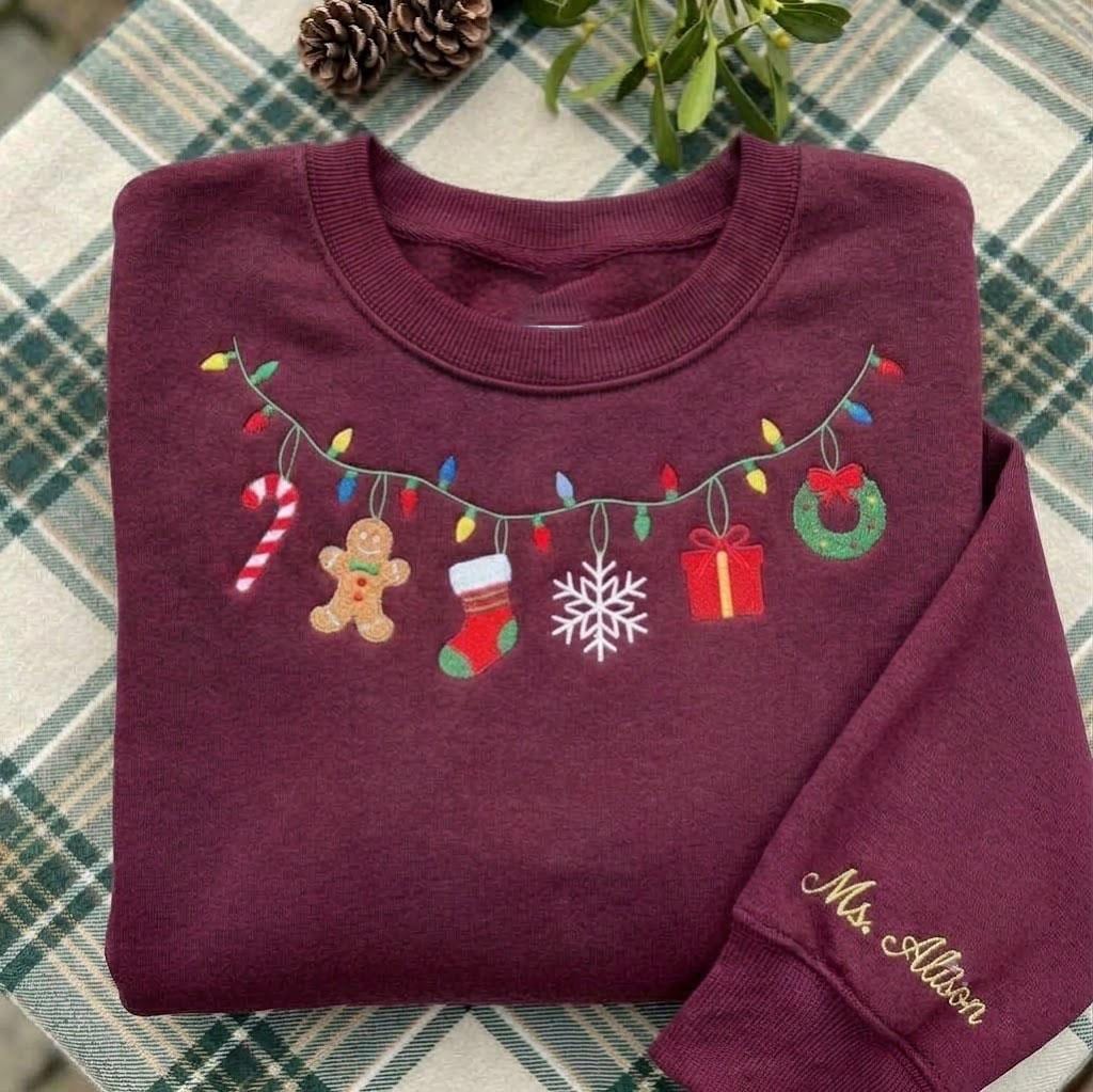 Embroidered Christmas Lights Garland Sweatshirt, Custom Holiday Ornaments Crewneck