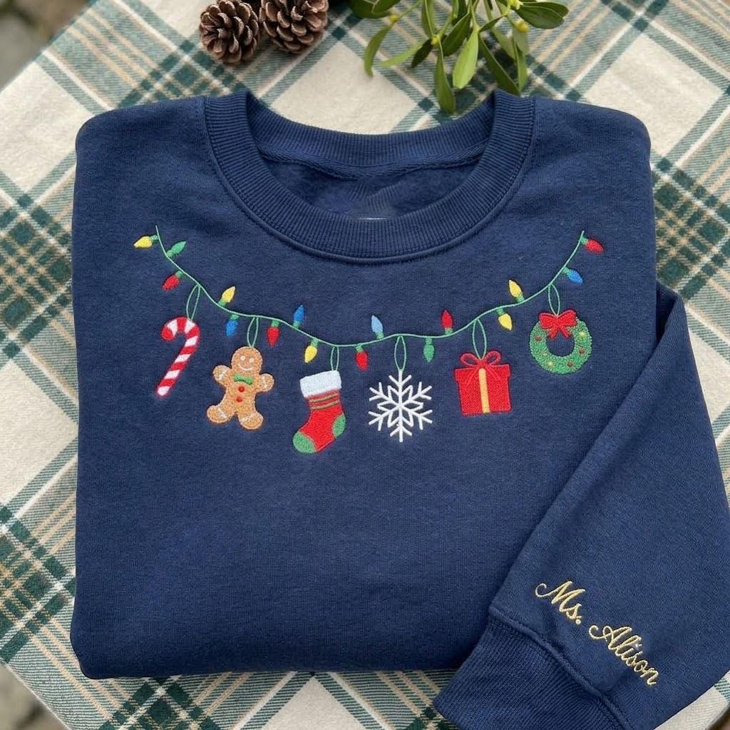Embroidered Christmas Lights Garland Sweatshirt, Custom Holiday Ornaments Crewneck